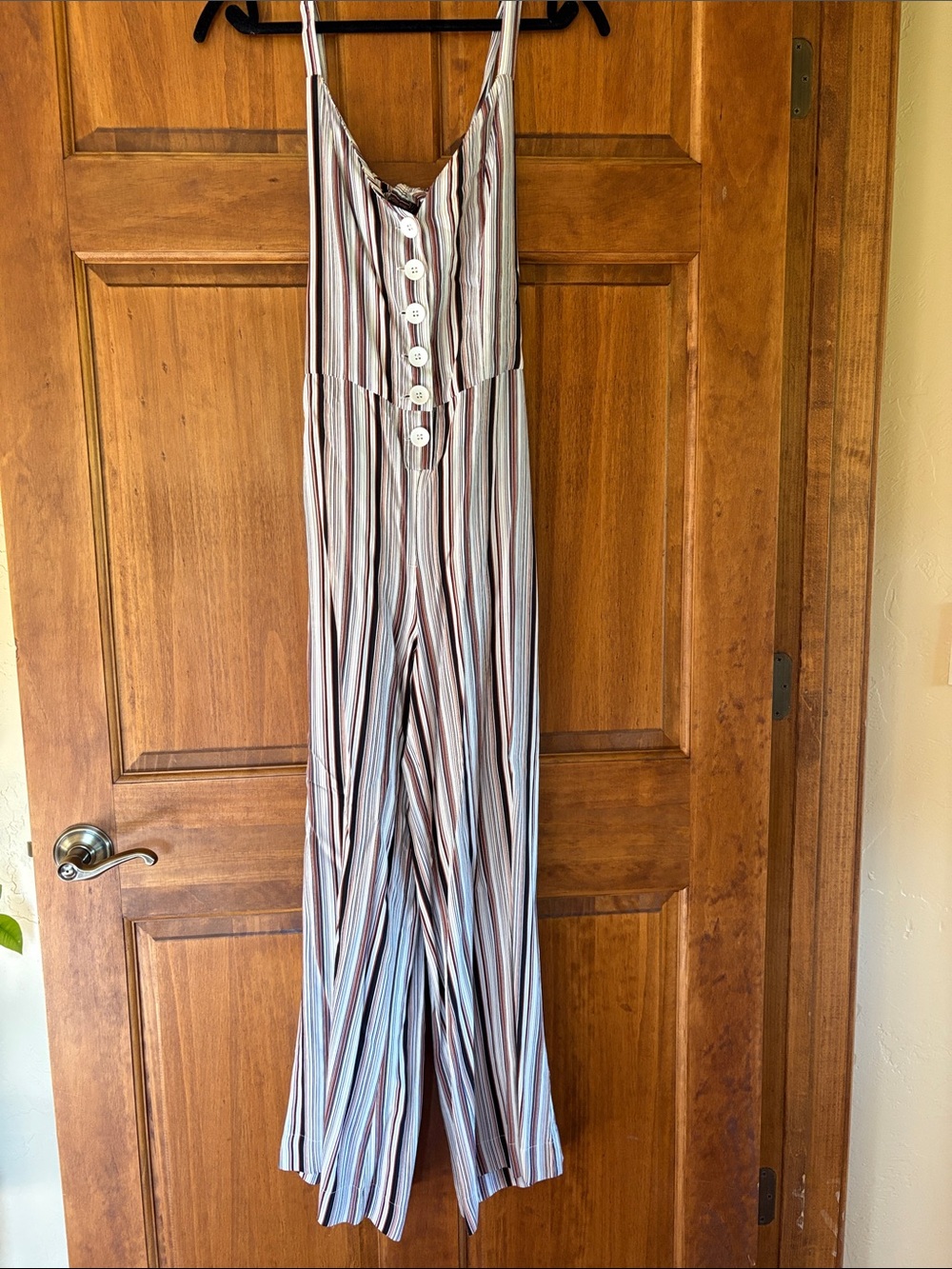 Striped Button-Front Wide-Leg Jumpsuit in White, Blue & Brown